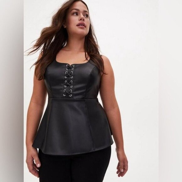 Torrid Black Faux Leather Lace-Up Peplum Top size 4X vegan leather sleeveless - Picture 1 of 10